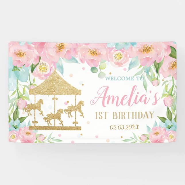 Pink Mint Floral Carousel 1st Birthday Welcome Banner (Horizontal)