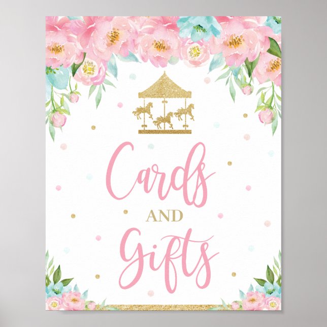 Pink Mint Floral Carousel Birthday Cards and Gifts Poster (Front)