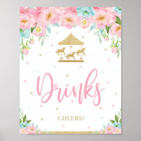 Pink Mint Floral Carousel Birthday Shower Drinks 