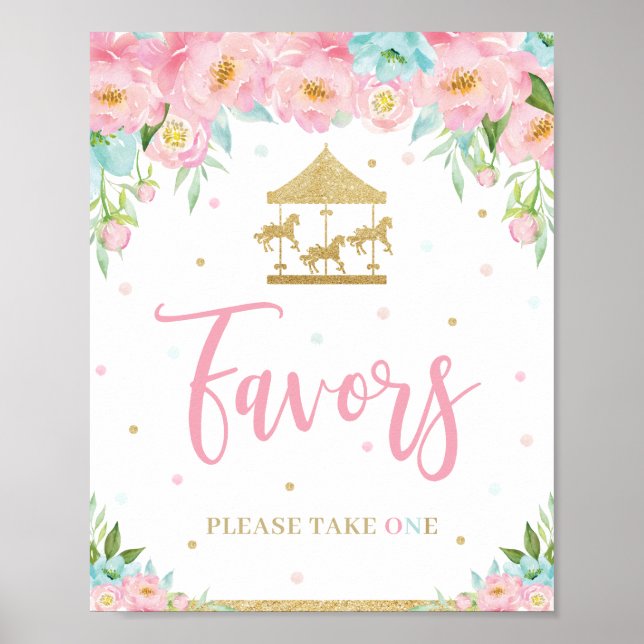 Pink Mint Floral Carousel Birthday Shower Favours  Poster (Front)