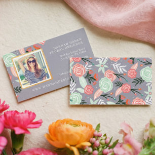 Pink & Mint Floral Garden & Gold Photo Frame Business Card