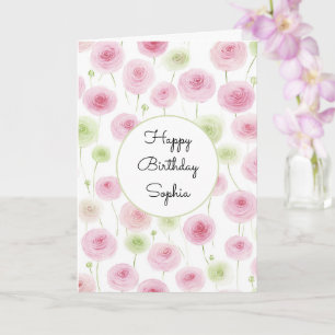 Pink Mint Floral Ranunculus Birthday Card