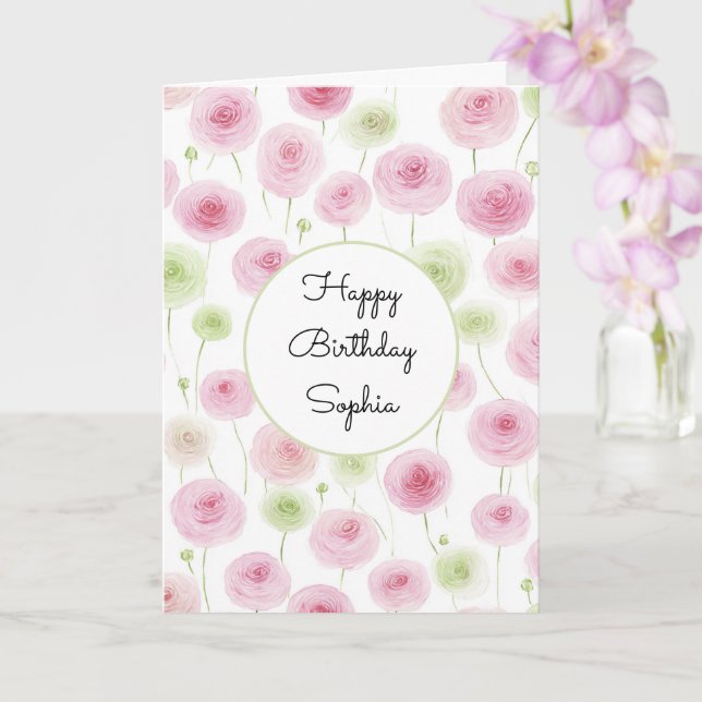 Pink Mint Floral Ranunculus Birthday Card (Orchid)