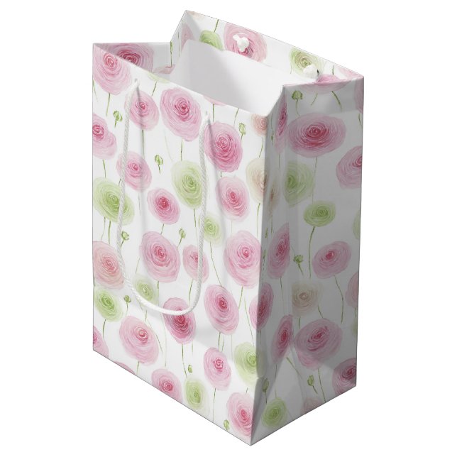 Pink Mint Floral Ranunculus Birthday Medium Gift Bag (Front Angled)
