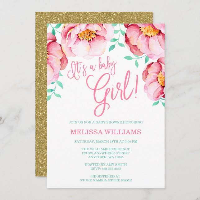Pink Mint Floral Watercolor Baby Shower Invitation (Front/Back)
