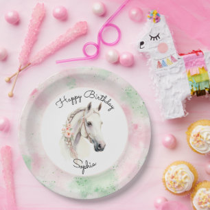 Pink Mint Floral White Horse Birthday Paper Plate