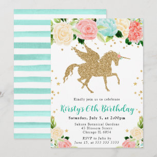 Pink Mint Flowers Gold Unicorn Birthday Party Invitation