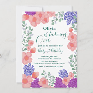 Pink Mint Flowers Watercolor Botanical Baby Shower Invitation