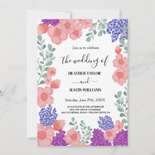 Pink Mint Flowers Watercolor Wedding  Botanical Invitation