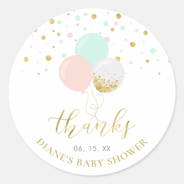 Pink, Mint, & Gold Balloons Baby Shower Favour Classic Round Sticker (Front)