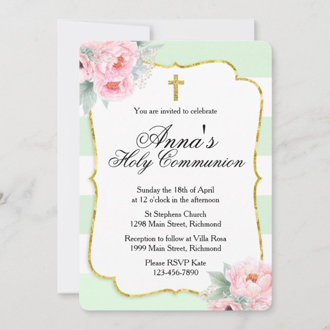 Pink, Mint & Gold Communion Invitation (Front)