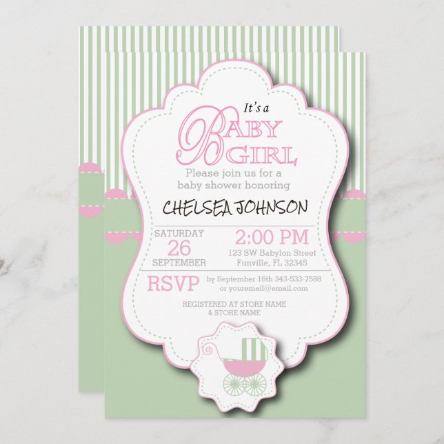 Pink & Mint Green Baby Buggy Shower Invitation (Front/Back)