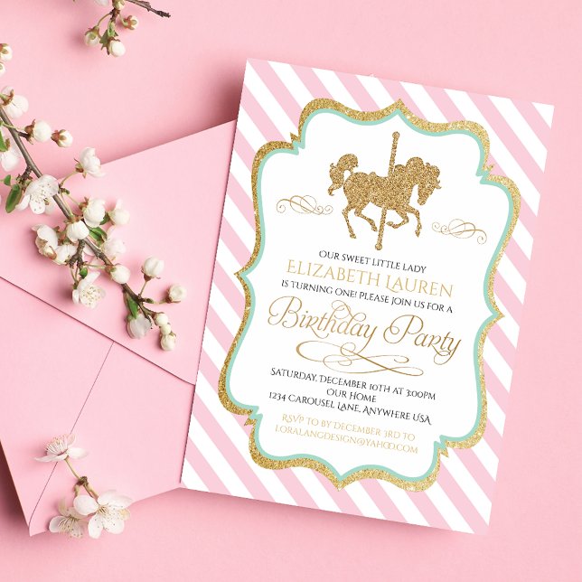 Pink Mint Green Gold Carousel Birthday Invitation (Creator Uploaded)