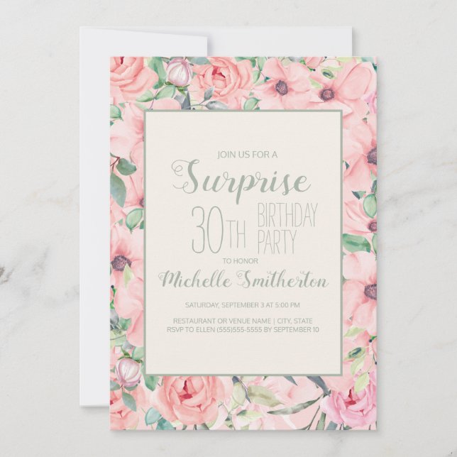 Pink Mint Green Watercolor Floral 30th Birthday (Front)