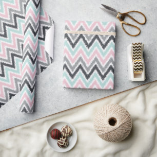 Pink Mint Grey Zigzags Ikat Pattern Wrapping Paper