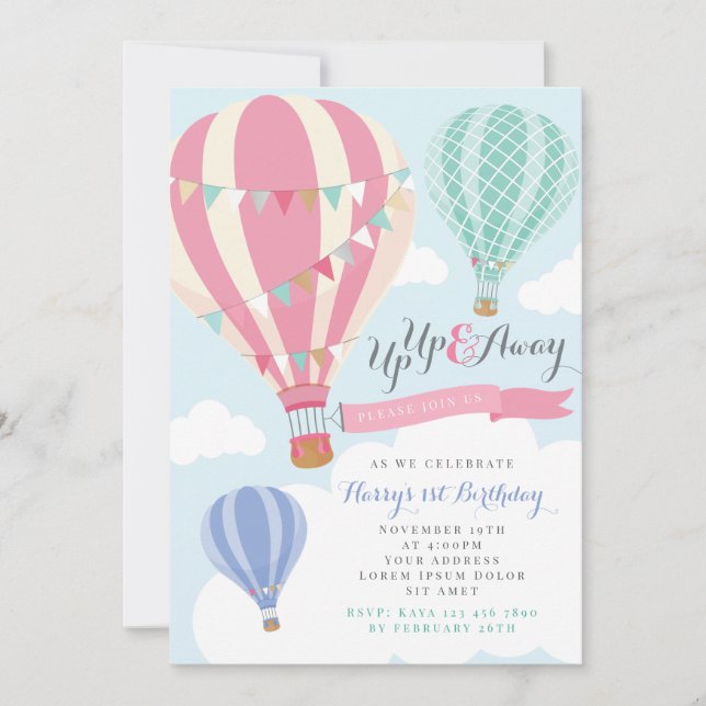 Pink & Mint Hot Air Balloon Birthday Invitation (Front)