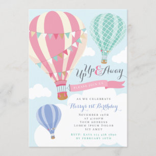 Pink & Mint Hot Air Balloon Birthday Invitation