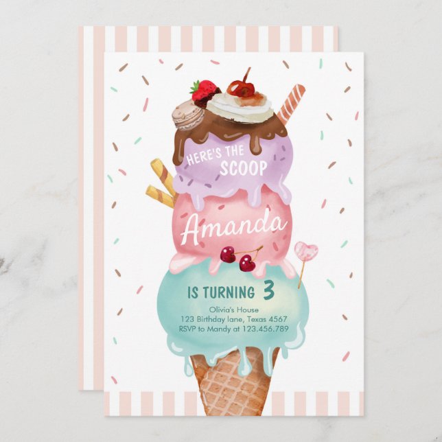 Pink Mint Ice Cream Cone Scoop Birthday Invite (Front/Back)