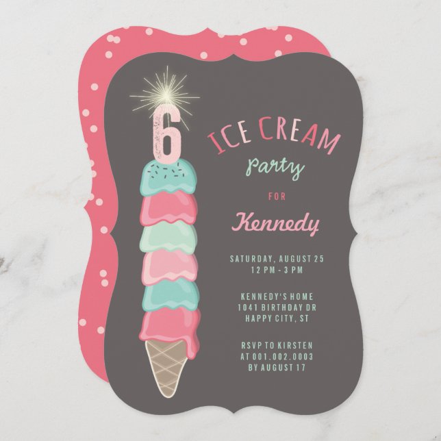 Pink Mint Ice Cream Girl 6th Birthday Party Invite (Front/Back)