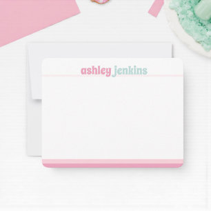 Pink & Mint Modern Name Note Card, Minimalist Card