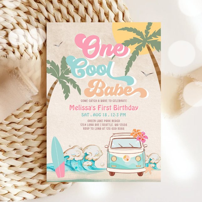 Pink Mint One Cool Babe Surfing 1st Birthday Invitation (Creator Uploaded)