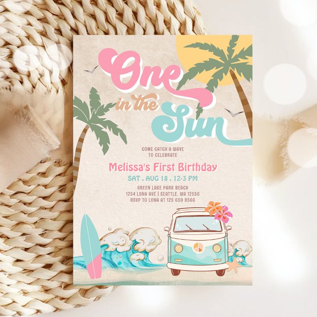 Pink Mint One in the Sun Surfing 1st Birthday Invitation (Creator Uploaded)