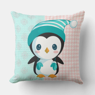 Pink/Mint Pastel Penguin Christmas Pillow