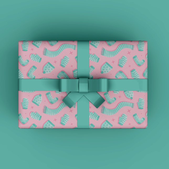 Pink Mint Pattern Christmas Gift wrapping paper (Modern Cozy Winter Gift Wrapping Paper for Christmas gift wrapping in mint and teal trendy colors.)