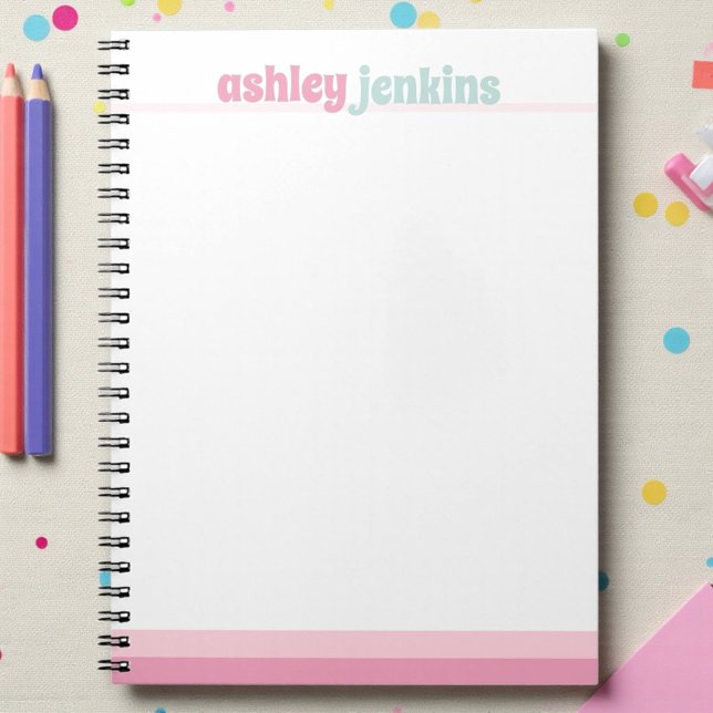 Pink & Mint Personalised Name Spiral Notebook (Custom name notebook in pastel pink and mint colors)