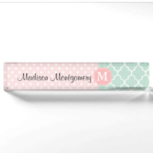 Pink Mint Polka Dots Moroccan Monogrammed Nameplate