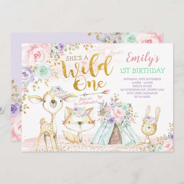 Pink Mint Purple Boho Woodland Animals Wild One Invitation (Front/Back)