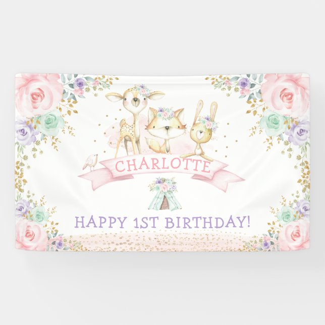 Pink Mint Purple Floral Woodland Happy Birthday Banner (Horizontal)