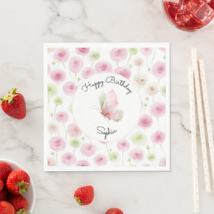 Pink Mint Ranunculus Floral Birthday Napkin