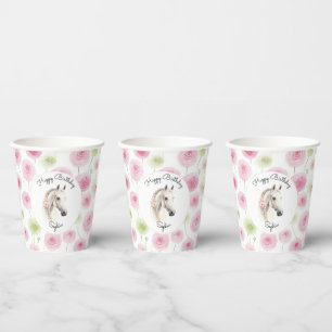 Pink Mint Ranunculus Floral White Horse Birthday Paper Cups
