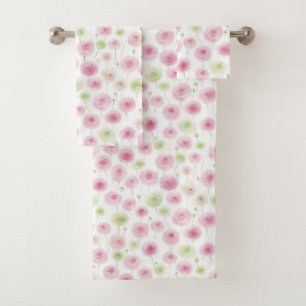 Pink Mint Ranunculus Flowers Bath Towel Set