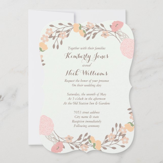 Pink Mint Sweet Floral Wreath Wedding Invite (Front)
