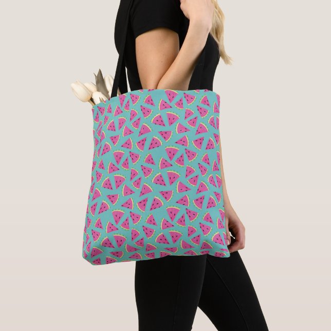 Pink & Mint Watermelon Pattern Tote Bag (Close Up)