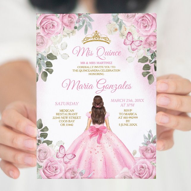 Pink Mis Quince 15 Anos Butterfly Gold Crown Invitation (Creator Uploaded)