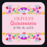 Pink Mis Quince Anos Mexican Fiesta Floral Square Sticker<br><div class="desc">Custom pink Mis Quince Años favour stickers on handy sticker sheets for your invitation envelope seals, favour bags, gift wrap and party decorations. The template is set up ready for you to add your name and the date of your birthday or your quinceanera celebration. This fun and colourful design features...</div>