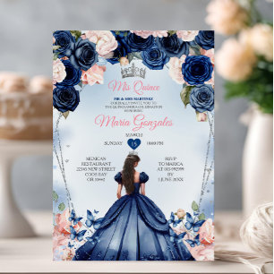 Pink Mis Quince Navy Floral Crown Quinceañera Invitation