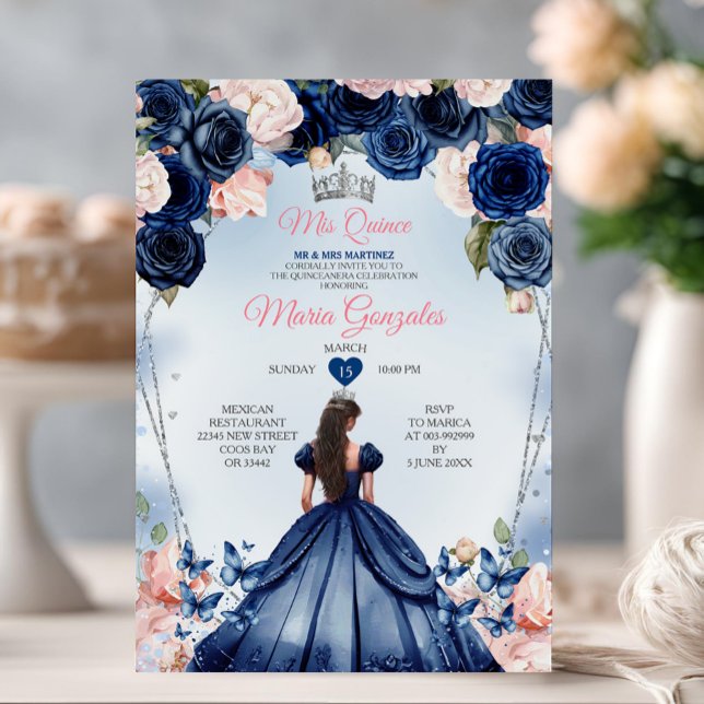 Pink Mis Quince Navy Floral Crown Quinceañera Invitation (Creator Uploaded)