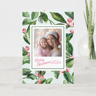 Pink Mistletoe Merry Christmas Photo Card