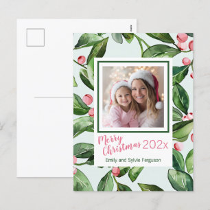 Pink Mistletoe Photo Merry Christmas Postcard