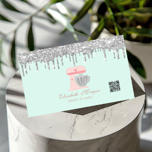 Pink Mixer Heart Silver Drips QR Code Business Card