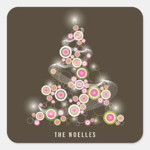 Pink Mod Circles Sparkling Abstract Christmas Tree Square Sticker