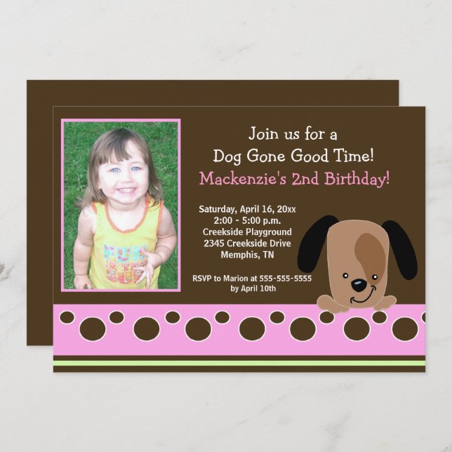 Pink Mod Puppy *PHOTO* Birthday 5x7 Invitation (Front/Back)