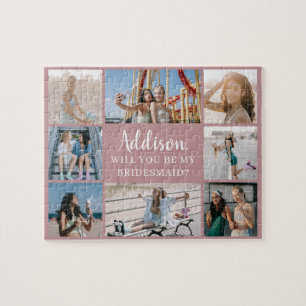 Pink Modern 8 Photo Collage Bridesmaid Proposal Jigsaw Puzzle