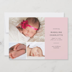 Pink Modern Baby Girl Multi-Photo Birth Announcement