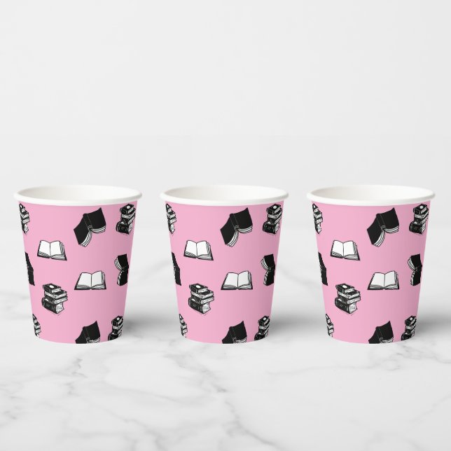 Pink Modern Bookish Bibliophile Book Pattern Paper Cups (Multi)
