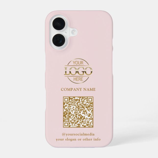 Pink Modern Business Logo & QR Code Promotional iPhone 16 Case (Back)
